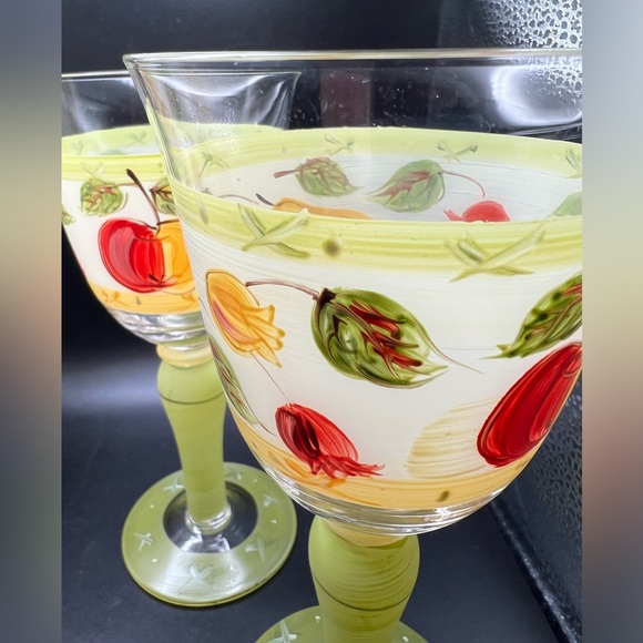 Vintage handblown hand painted 1970’s colors fruit pattern long stem glasses . - Picture 3 of 9